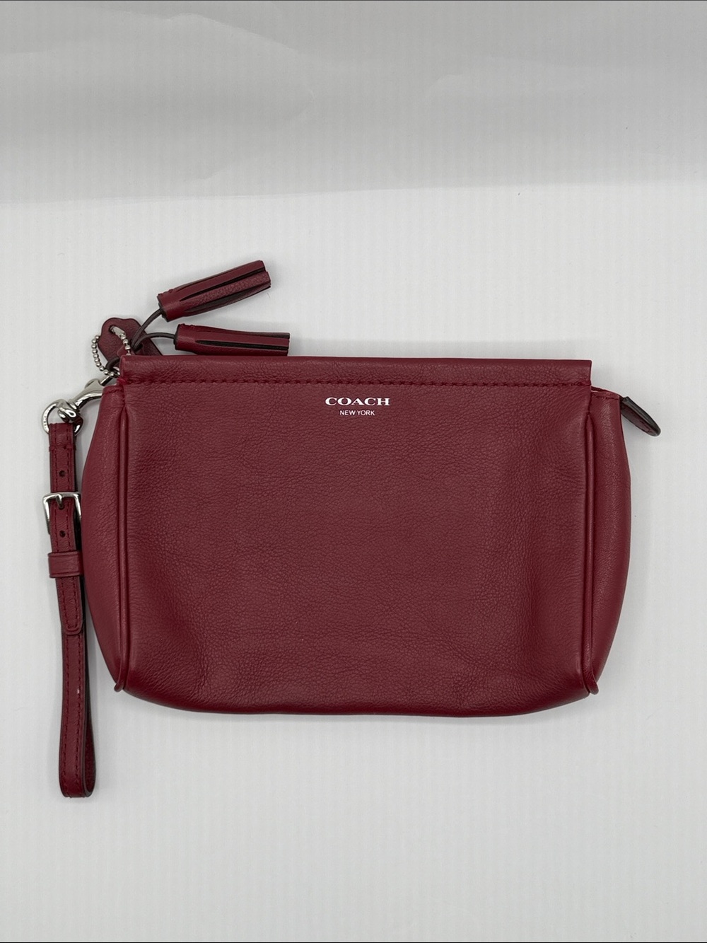 Coach Wine Red Leather Wristlet with Tassel Pulls